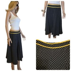 Vintage Polka Dot A-Line Midi Skirt - Black & White with Yellow Trim EUC
